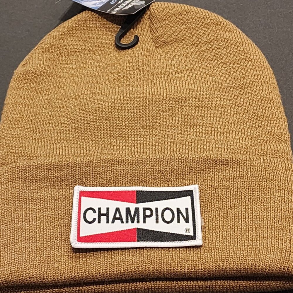 Champion Patched Knit Cuffed Beanie in Caramel